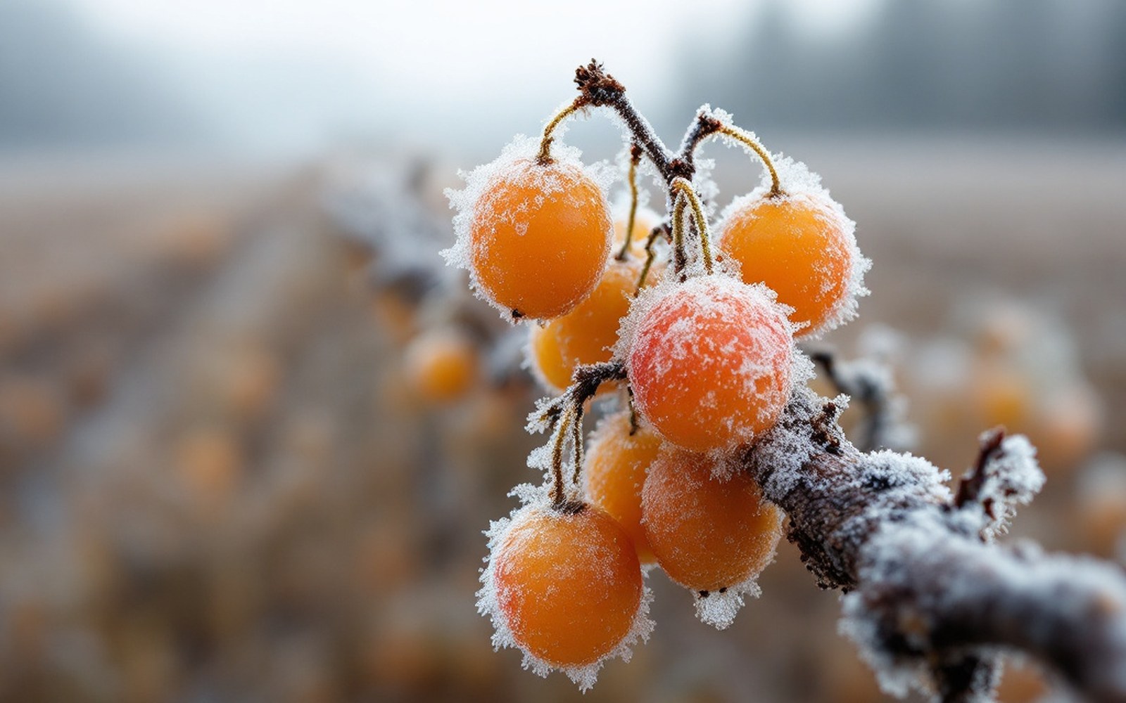 Frozen fruit on a bare cane, macro