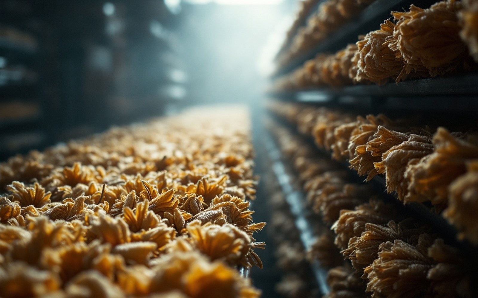 Bunches laid on drying racks in a dim room