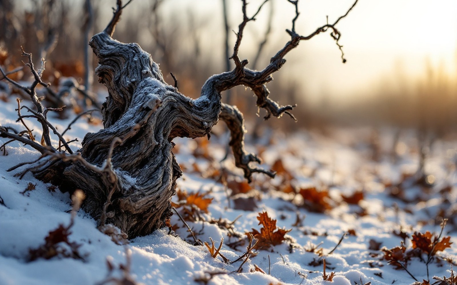 An old gnarled vine trunk against snow