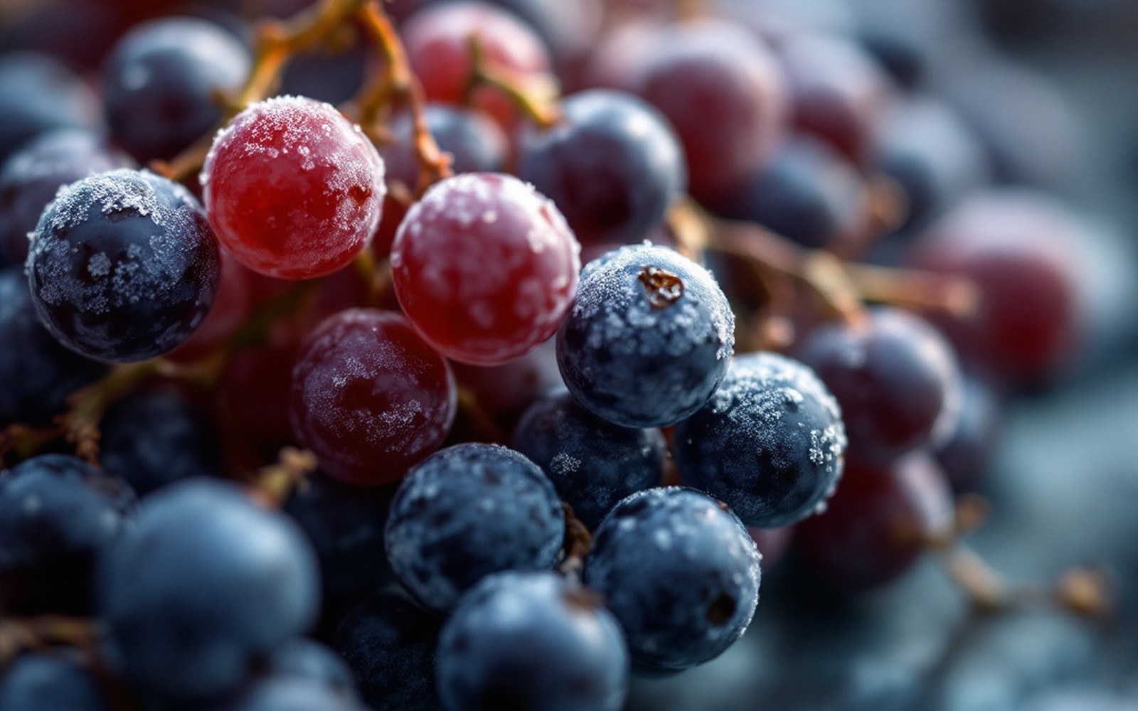 Dark grape skins with bloom, macro, flat light