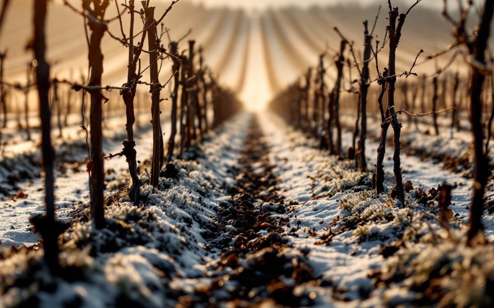 A ploughed ridge along a row of bare vines