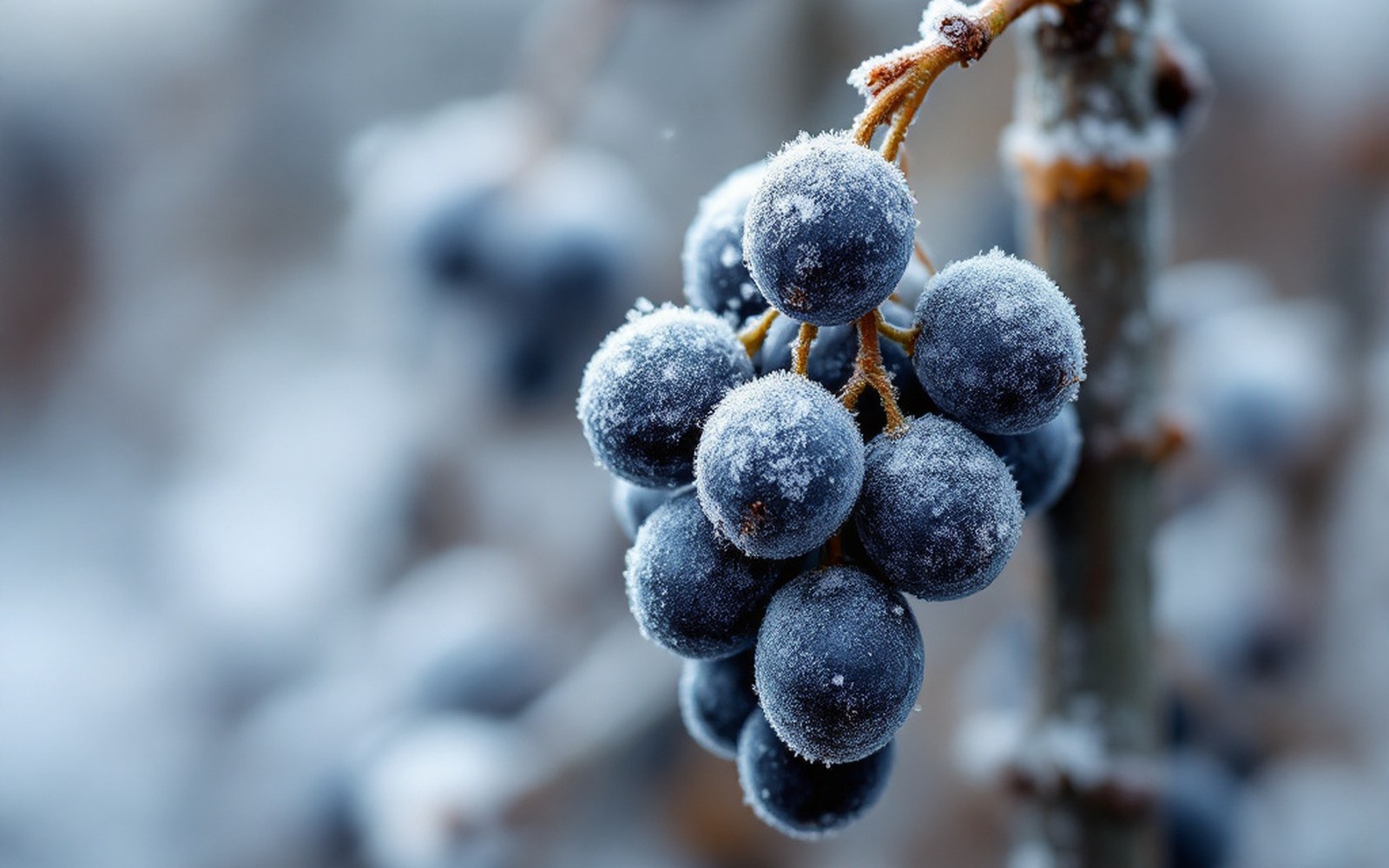 Frost-covered cluster of dark grapes on a bare vine in hard winter light