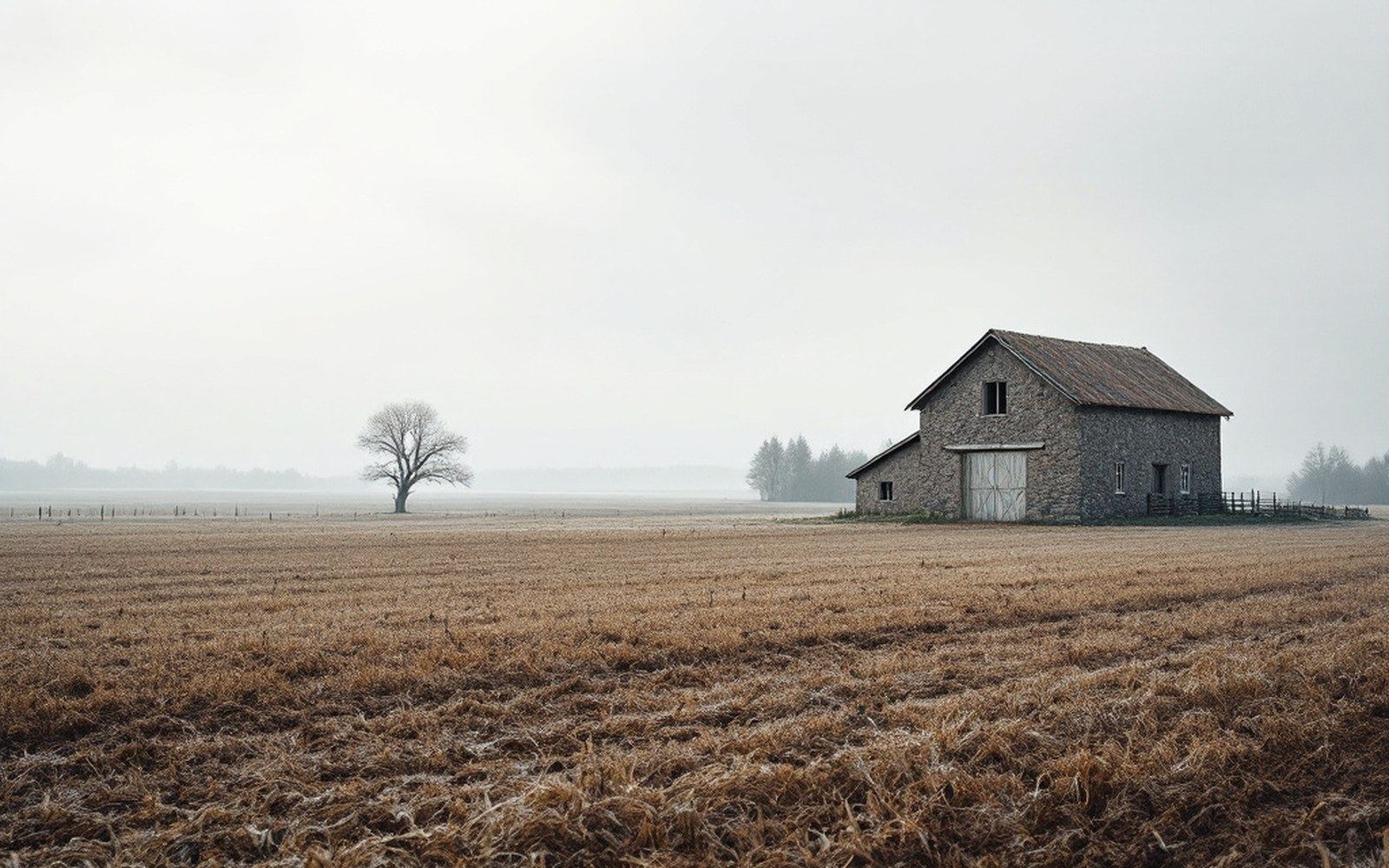 Flat farmland with a stone barn, grey sky