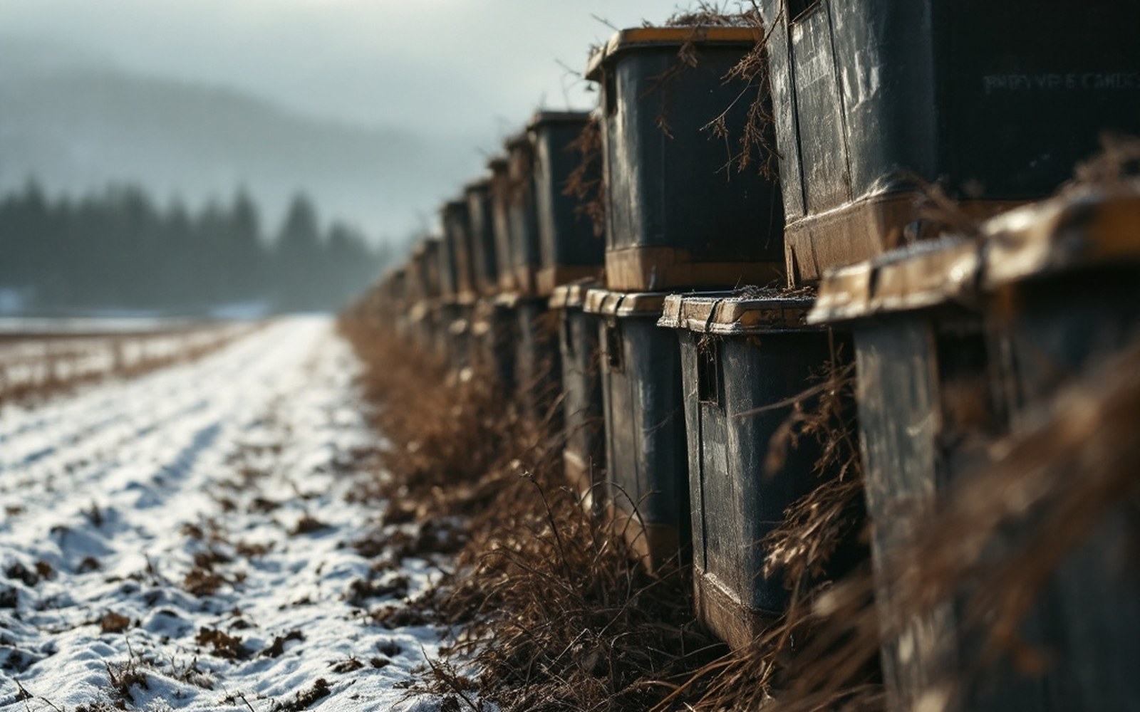 Stacked empty picking bins at the end of a row