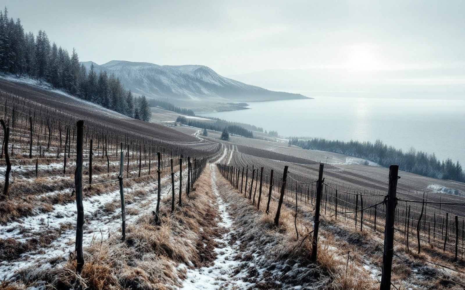 A long slope of bare vine rows running down toward a large flat body of water with an escarpment ridge behind, flat winter light, no buildings and no signage