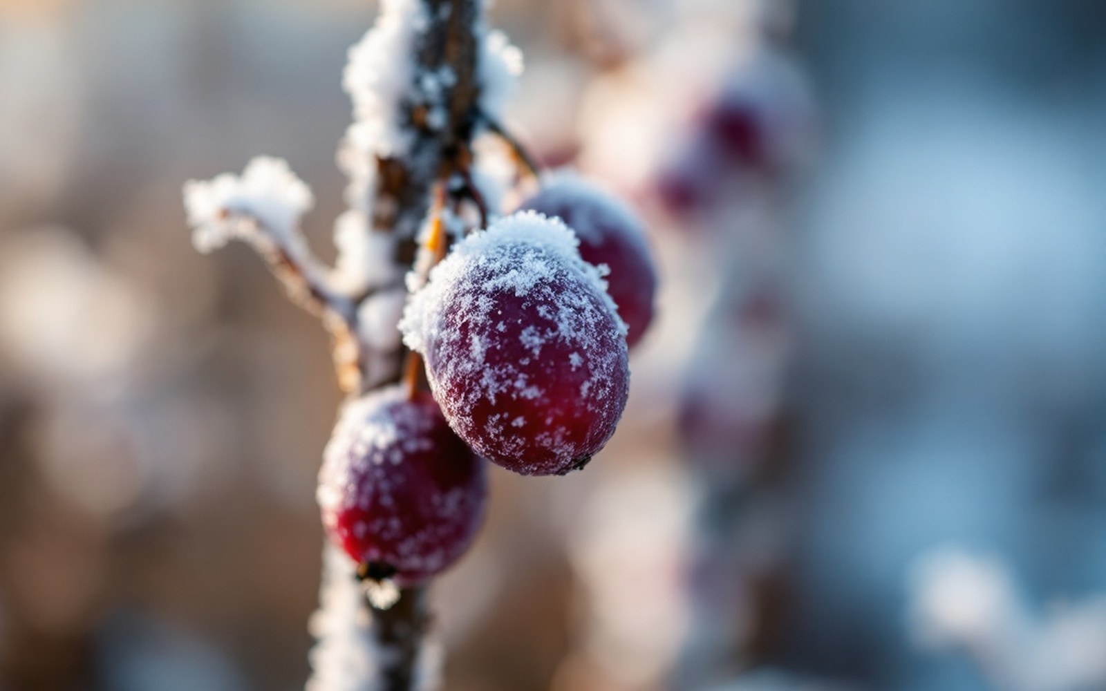 Frozen fruit on a bare cane, macro, hard light