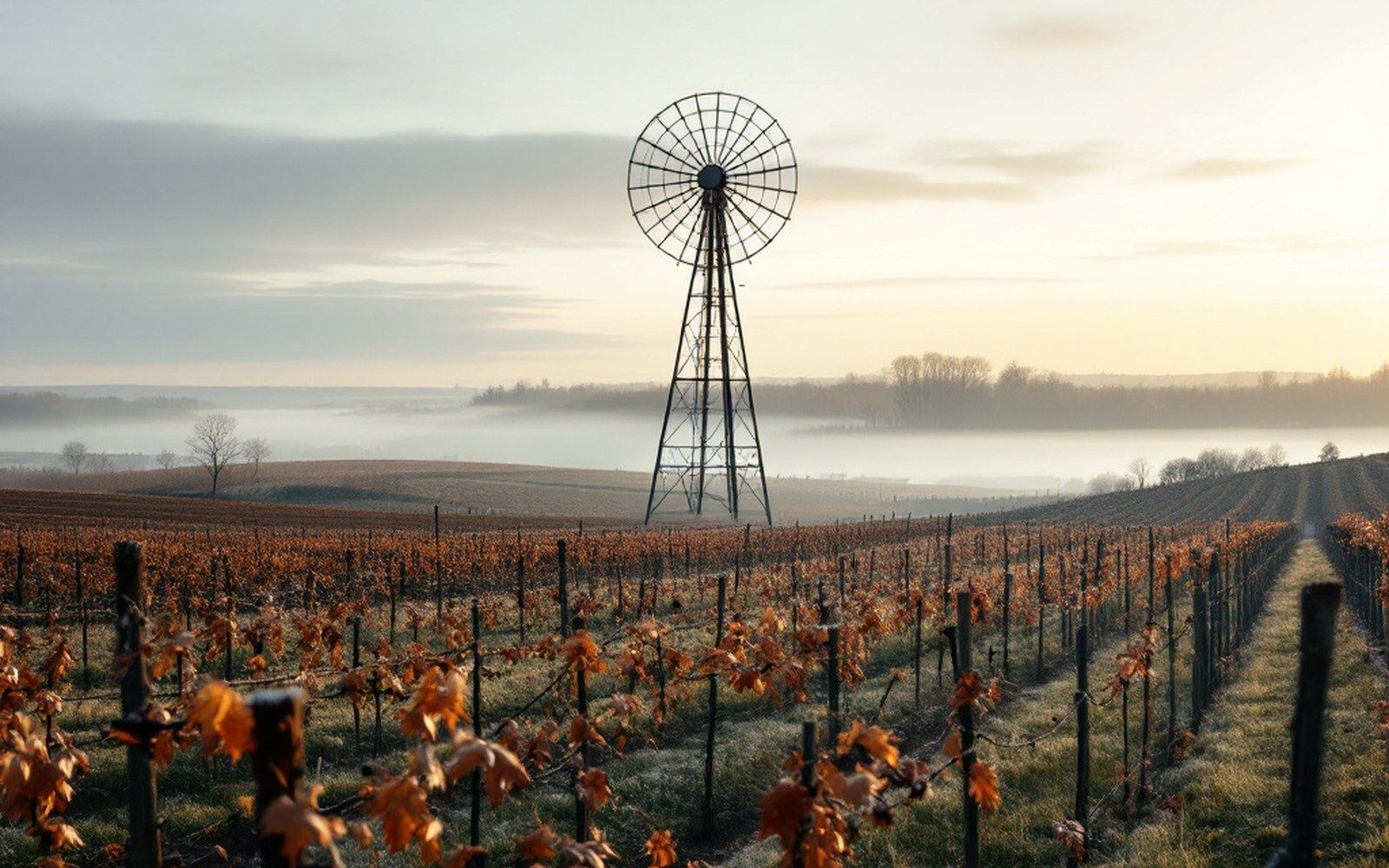 A tall fan tower over a vineyard, flat winter sky