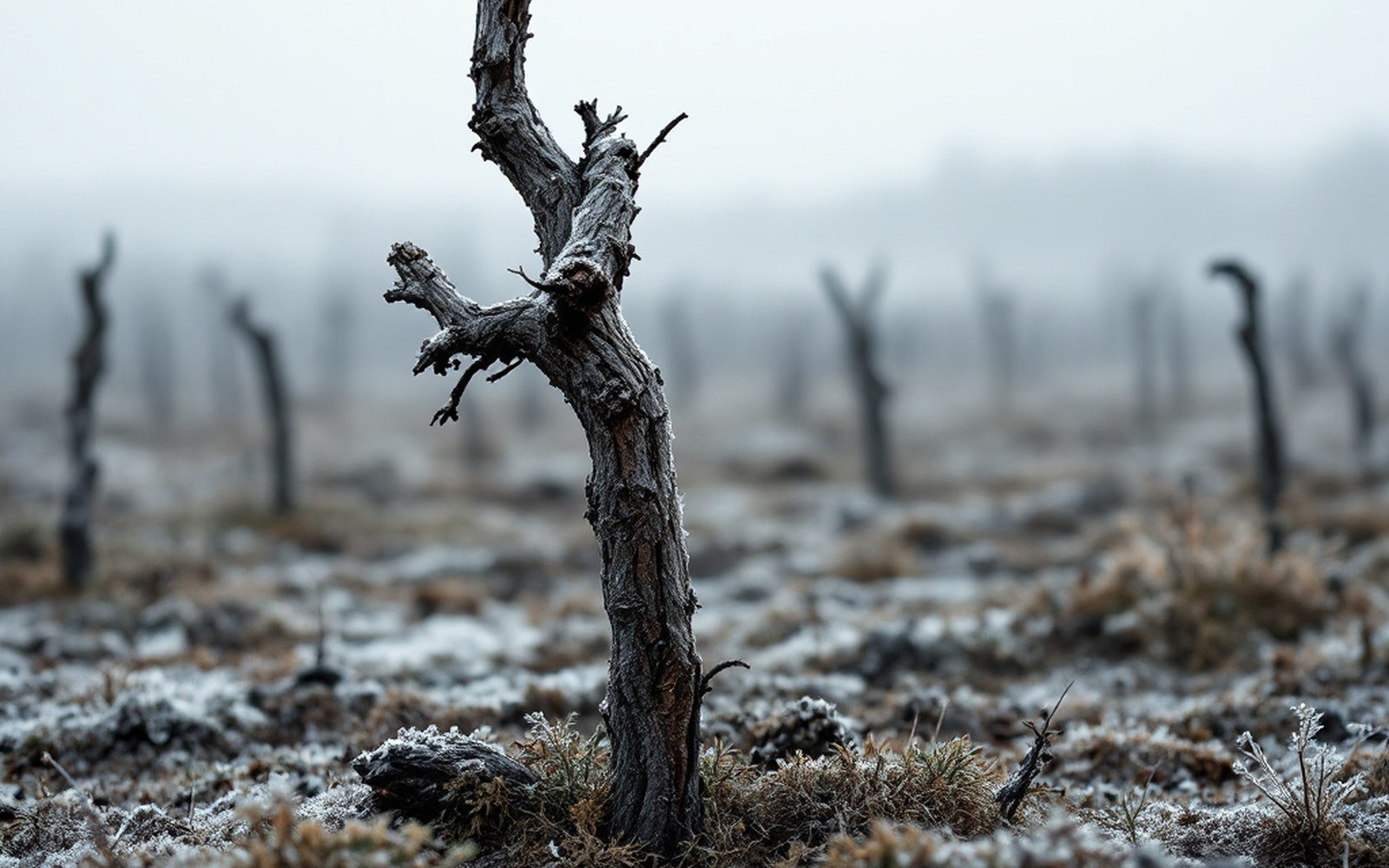 A single dead vine trunk, bark split open, standing among healthy ones, close, flat grey light